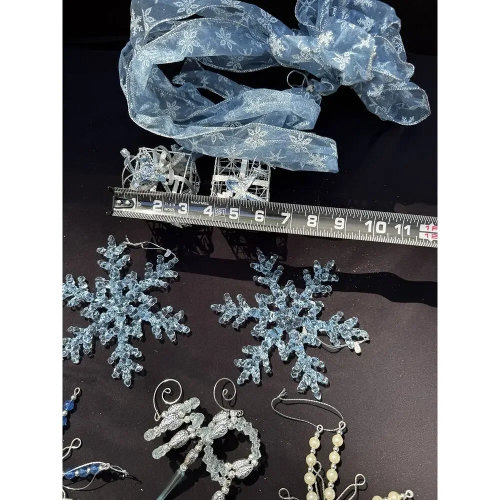 Beautiful Ice Blue Christmas Ornament Lot Snowflakes Bows & More! S1